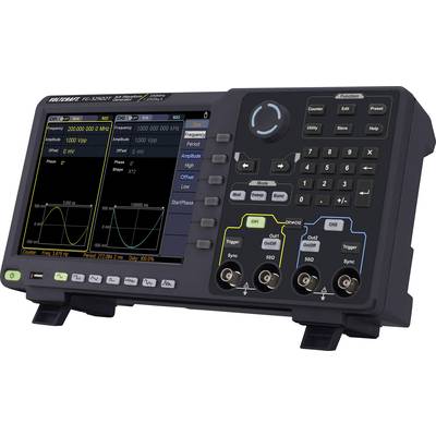 Een oscilloscoop toont verschillende signalen op een scherm, met drie kanalen voor het meten van frequenties en andere parameters.