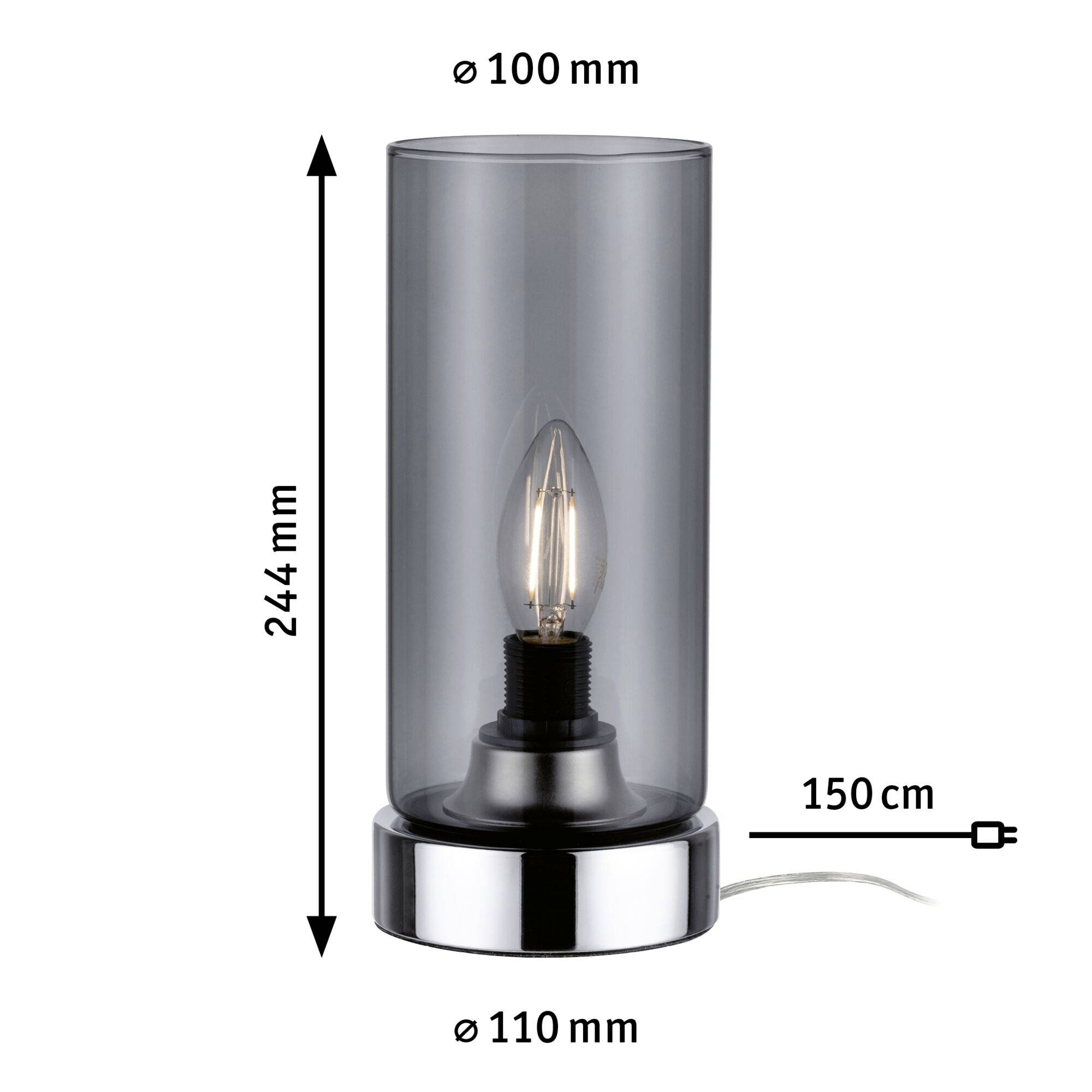 Tafellamp met zwart cilindrisch glas; afmetingen: 244 mm hoogte, 110 mm breedte. Kabel 150 cm lang.