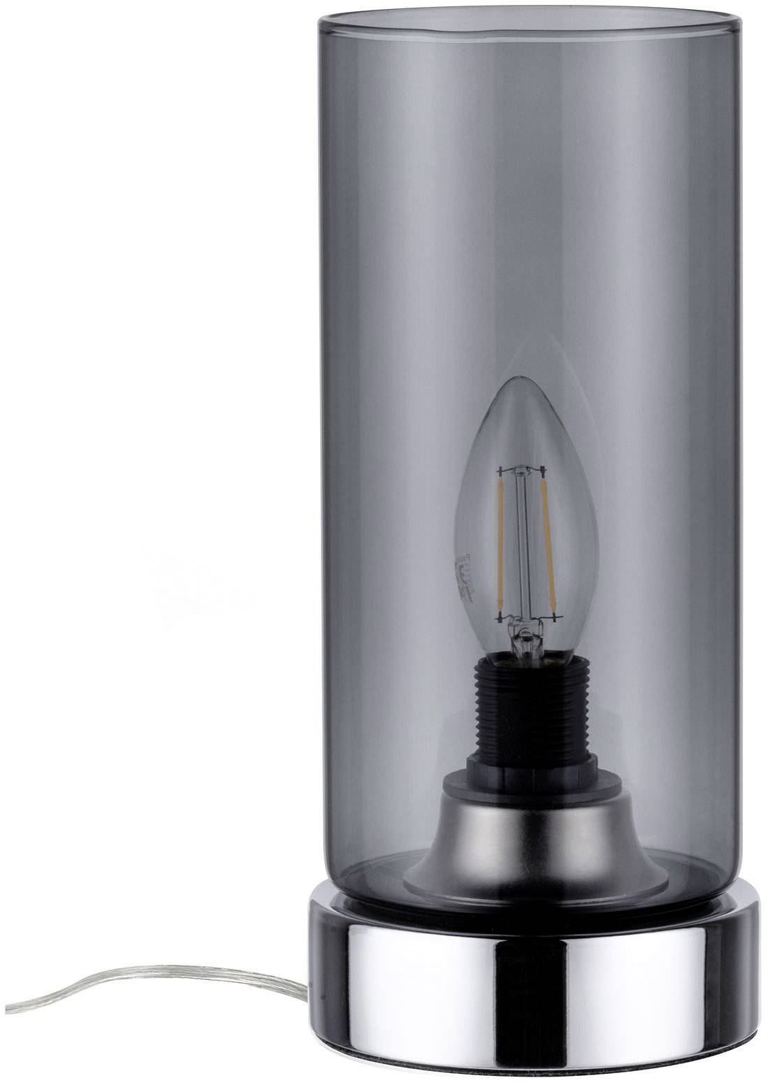 Een slanke, cilindrische tafellamp met een transparante, rookgrijze glazen behuizing en een zichtbare gloeilamp aan de binnenkant.