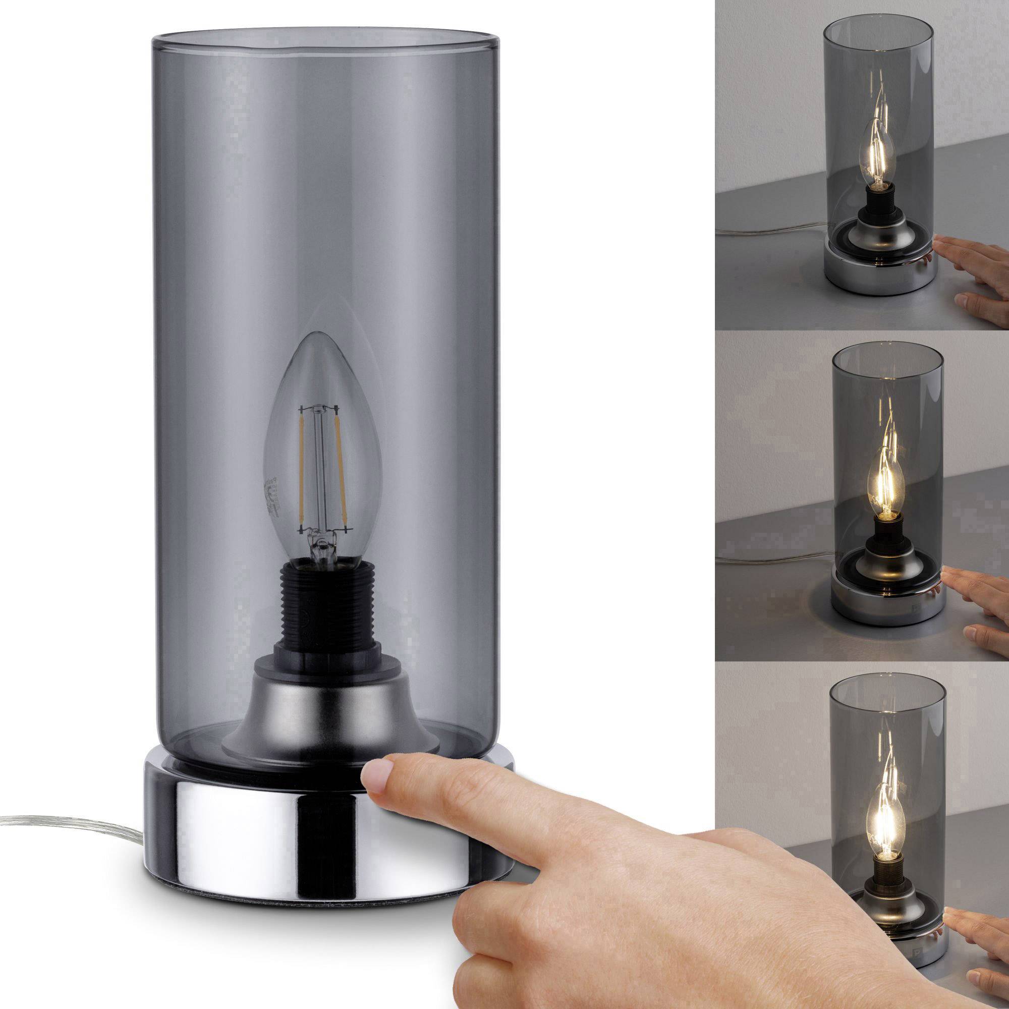 Glazen tafellamp met aanraakdimmer, die in- en uitgeschakeld kan worden door aanraking. Links lamp, rechts drie aanraakstanden.