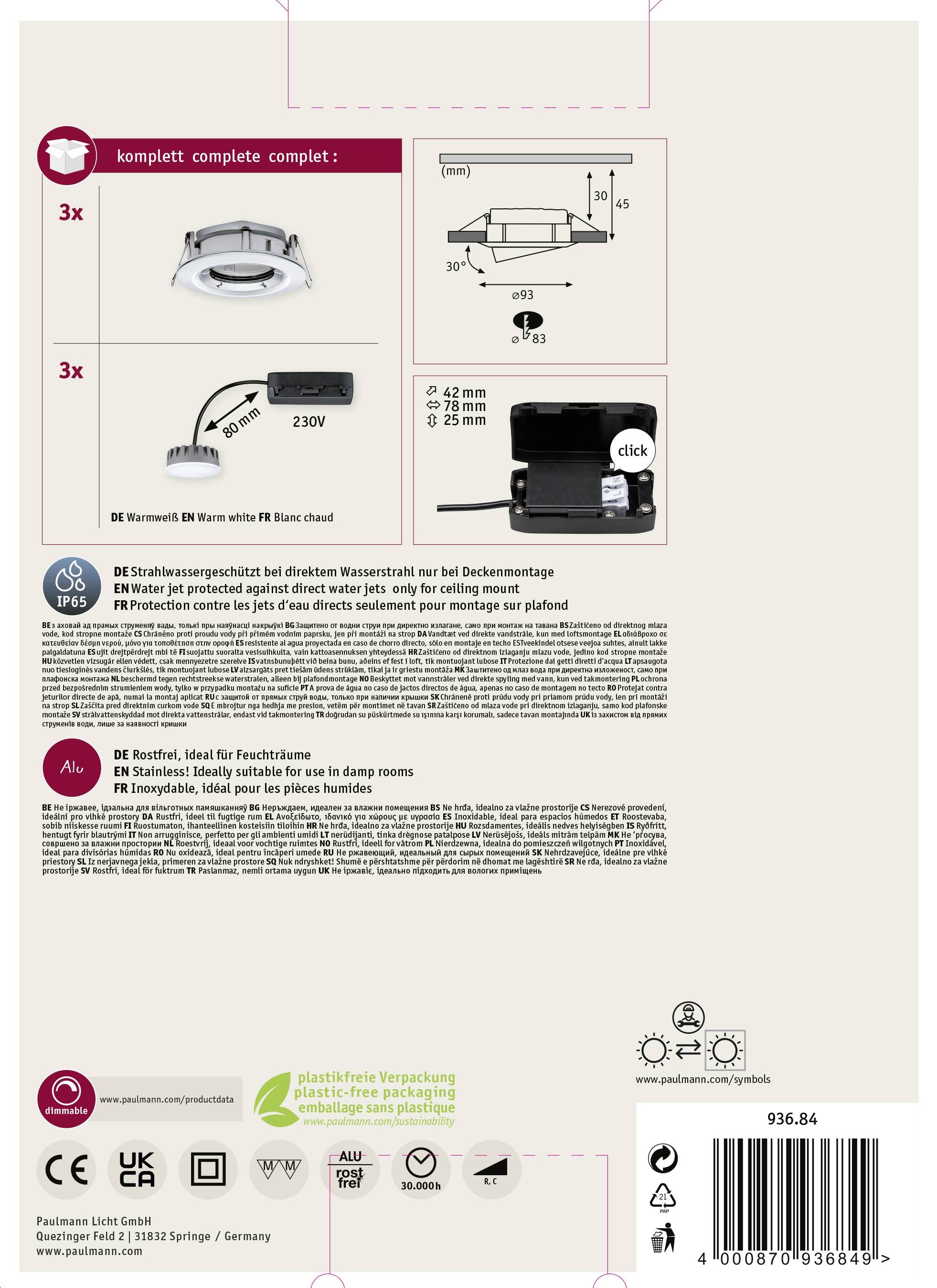 Verpakking voor LED-inbouwspots: Bevat 3 ronde armaturen, installatiehandleiding en technische specificaties. Geschikt voor vochtige ruimtes.