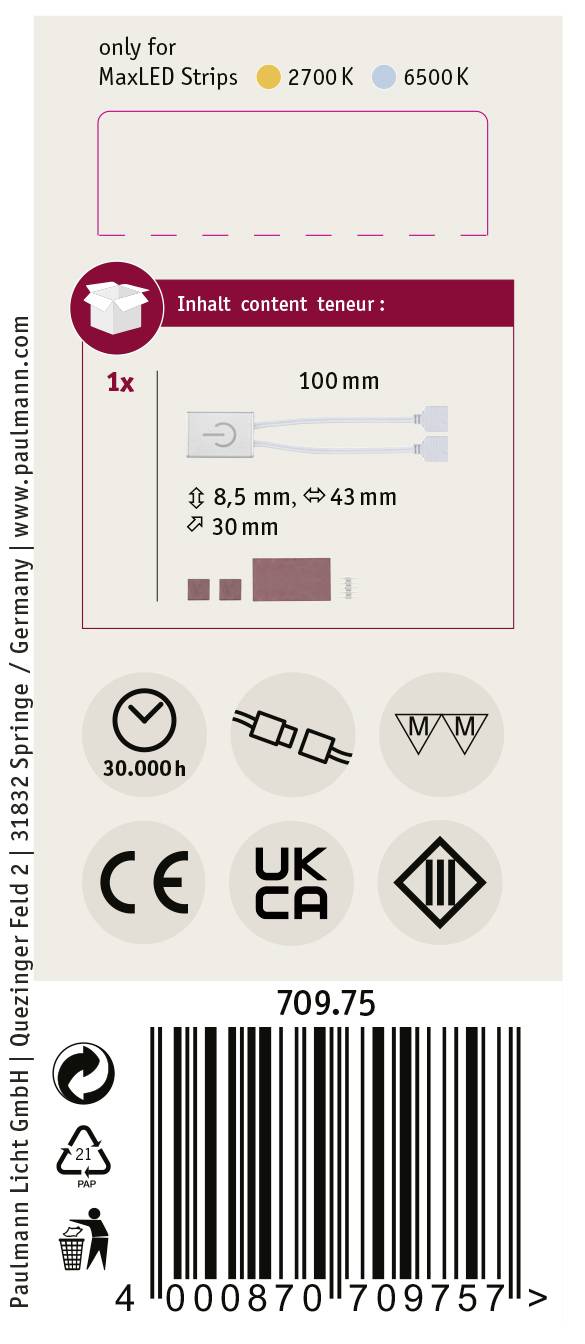 Inhoud: 1x Verbindingselement voor MaxLED Strips, 100 mm lengte, compatibel met 2700K en 6500K. Symbolen: Levensduur 30.000u, CE-markering.