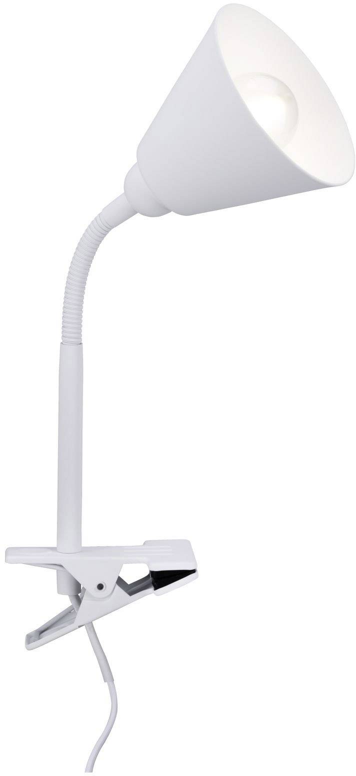 Witte klemlamp met flexibele hals en conische lampenkap, ideaal voor gerichte verlichting op bureaus of boekenplanken.