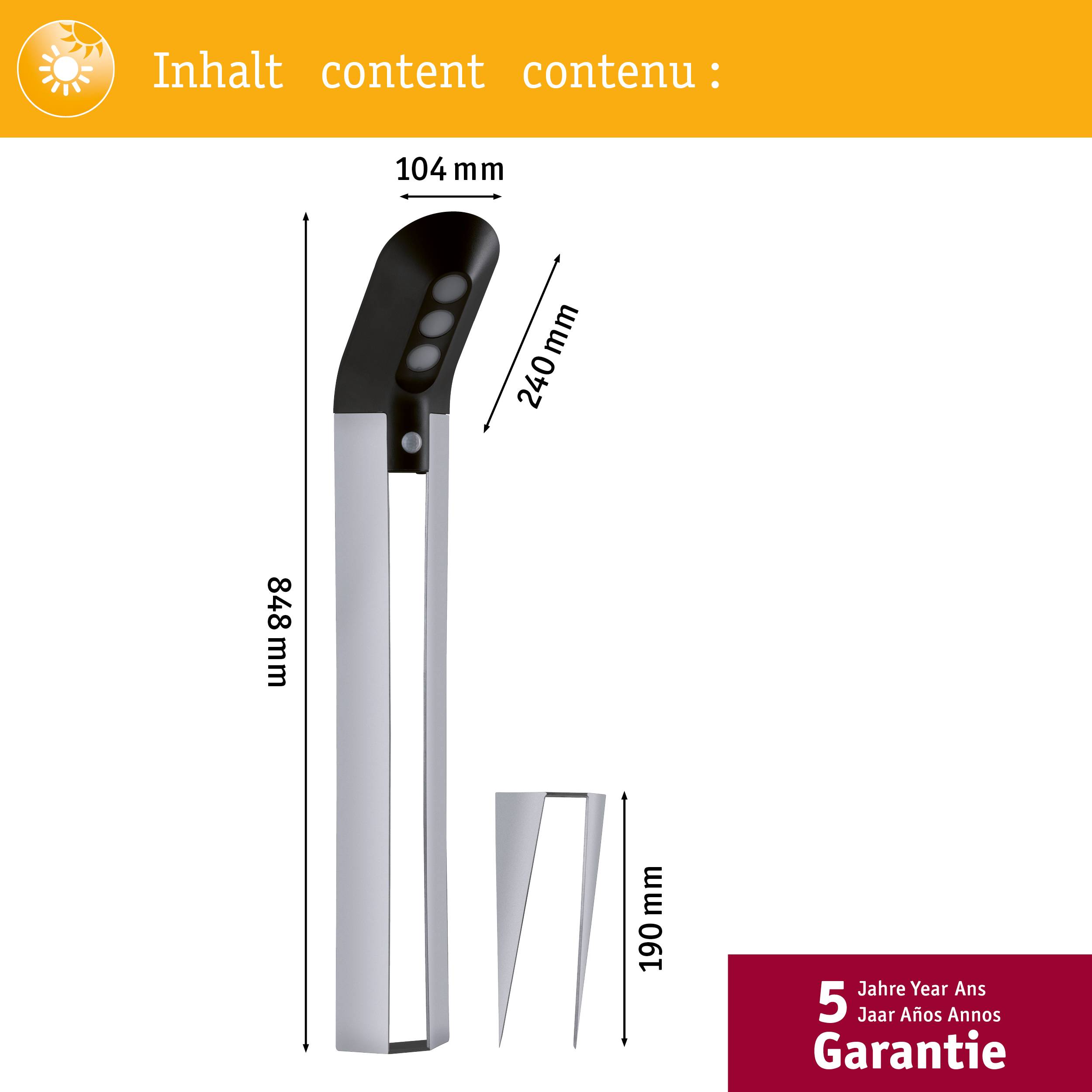 'Afmetingen van een moderne lamp: totale hoogte 848 mm, behuizingshoogte 240 mm, breedte 104 mm. Vijf jaar garantie.'