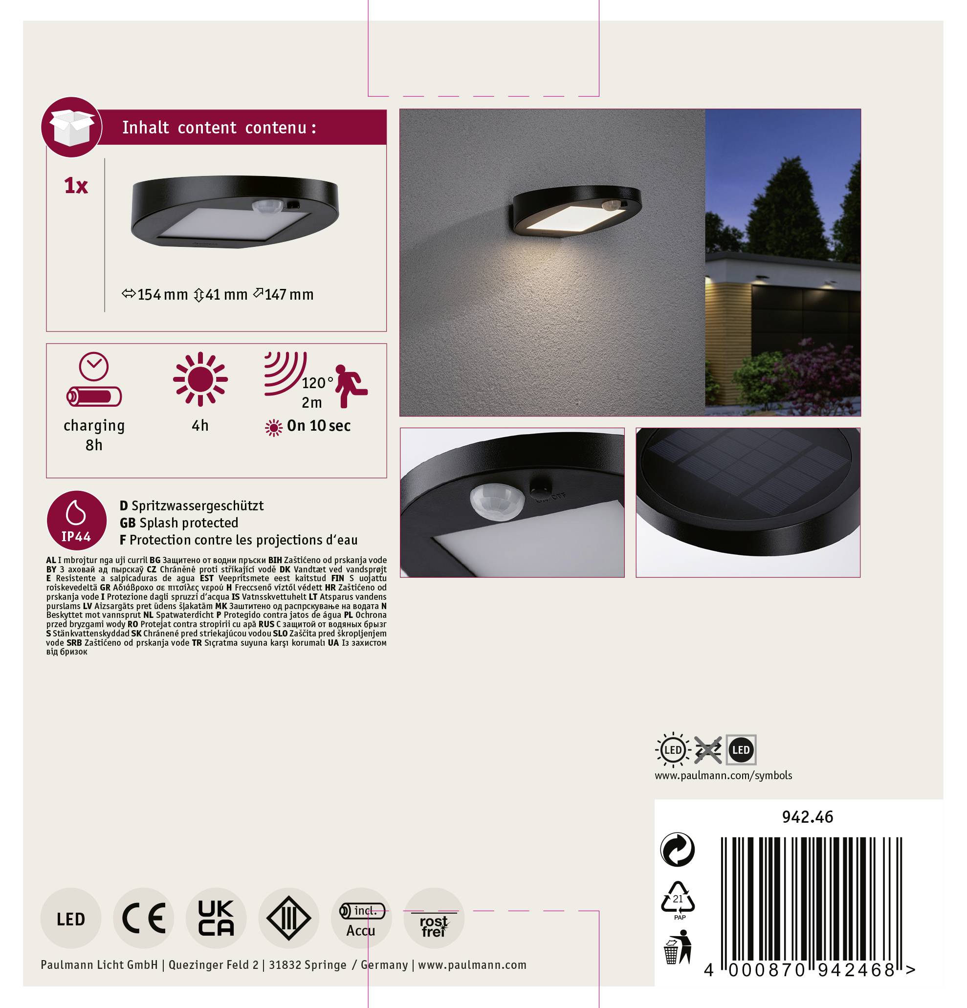 'Zwarte buitenlamp met zonnepaneel en bewegingssensor. Gebruiksduur 8 uur, bereik 2m, dekking 120°. Spatwaterdicht.'