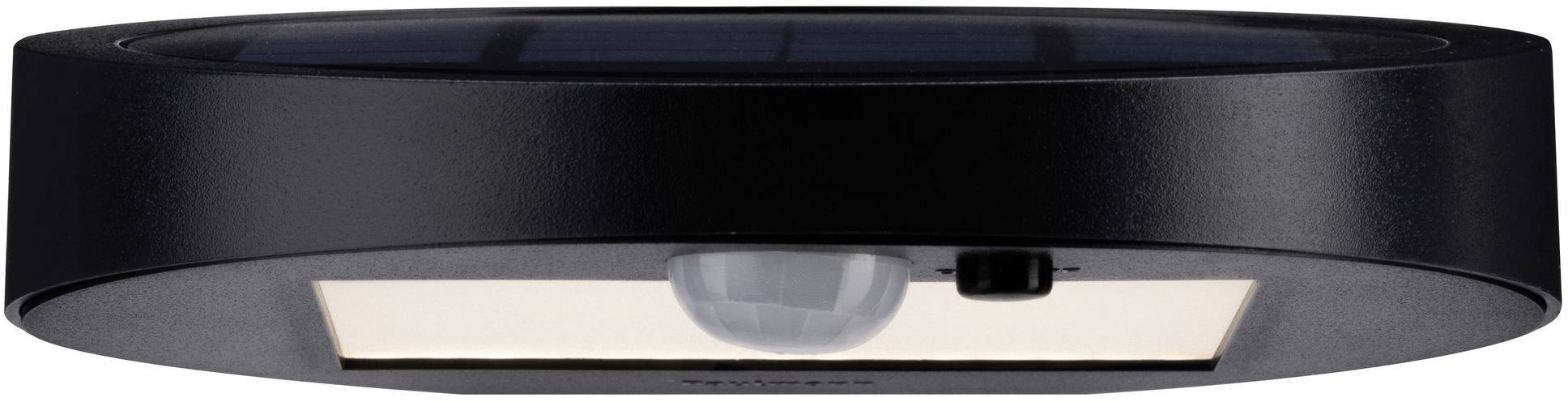 Zwarte ronde LED-solarlamp met bewegingssensor en zonnepaneel aan de bovenkant. De verlichtingseenheid en sensor bevinden zich aan de onderkant.