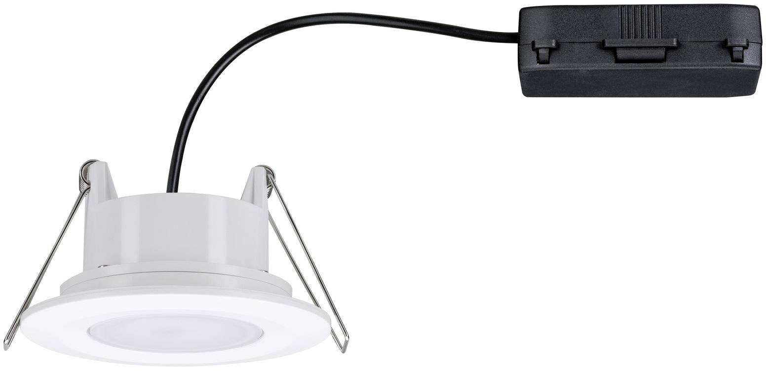 Een ronde, witte LED-inbouwspot met zwarte aansluitkabel en rechthoekige transformator; geschikt voor plafondmontage.
