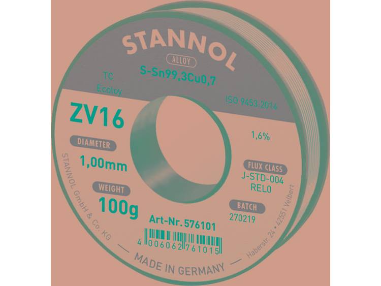 Stannol ZV16 Soldeertin, loodvrij loodvrij Sn0.7Cu 100 g 1.0 mm