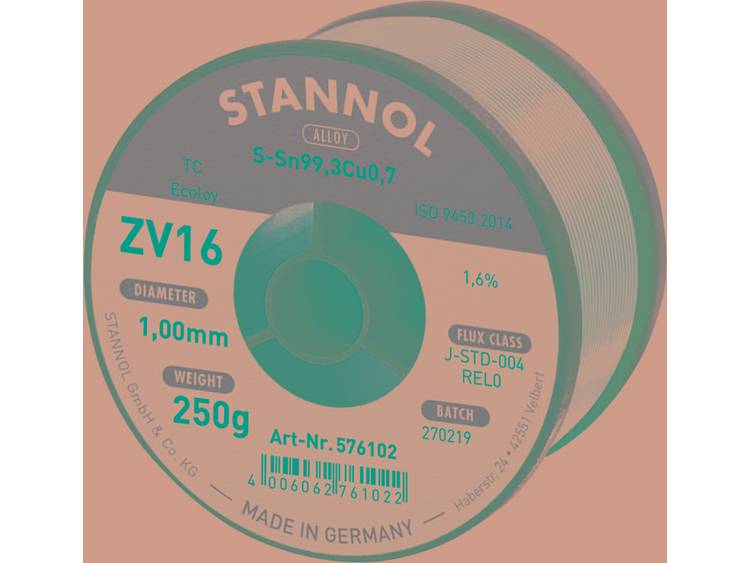 Stannol ZV16 Soldeertin, loodvrij loodvrij Sn0.7Cu 250 g 1.0 mm