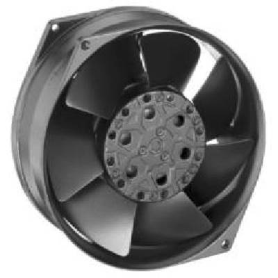 Een zwarte ventilator met zes schoepen. Geschikt voor industriële of elektronische toepassingen voor koeling.