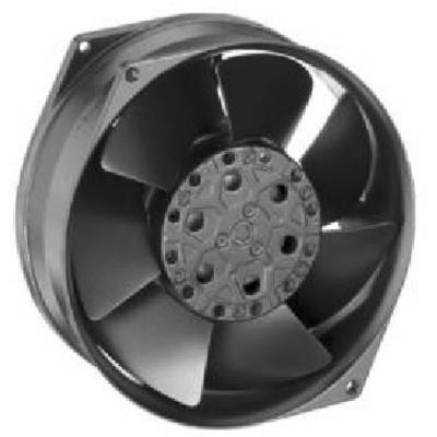 Een ventilator met meerdere rotorbladen in close-up. Hij heeft een rond metalen behuizing en is geschikt voor koel- of ventilatie doeleinden.