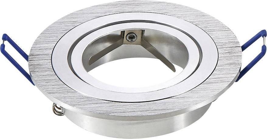 Spot-uitvoering voor plafondverzonken armaturen, rond, zilver, met blauwe bevestigingsklemmen, geschikt voor LED- of halogeenlampen.