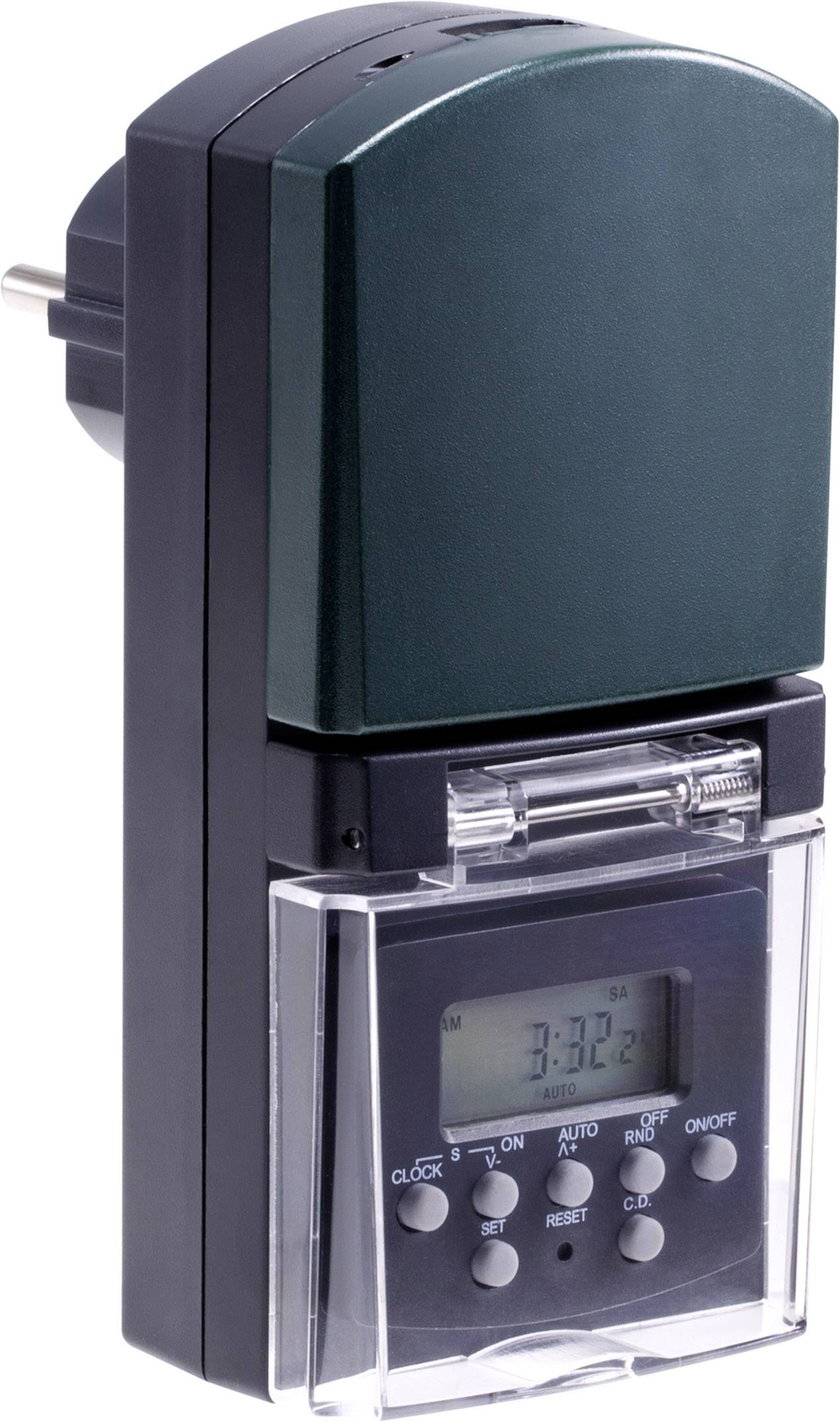 Digitale tijdschakelklok met stopcontact. Toont de huidige tijd. Bedieningselementen voor tijd, timer en bedrijfsmodus aan de voorkant.