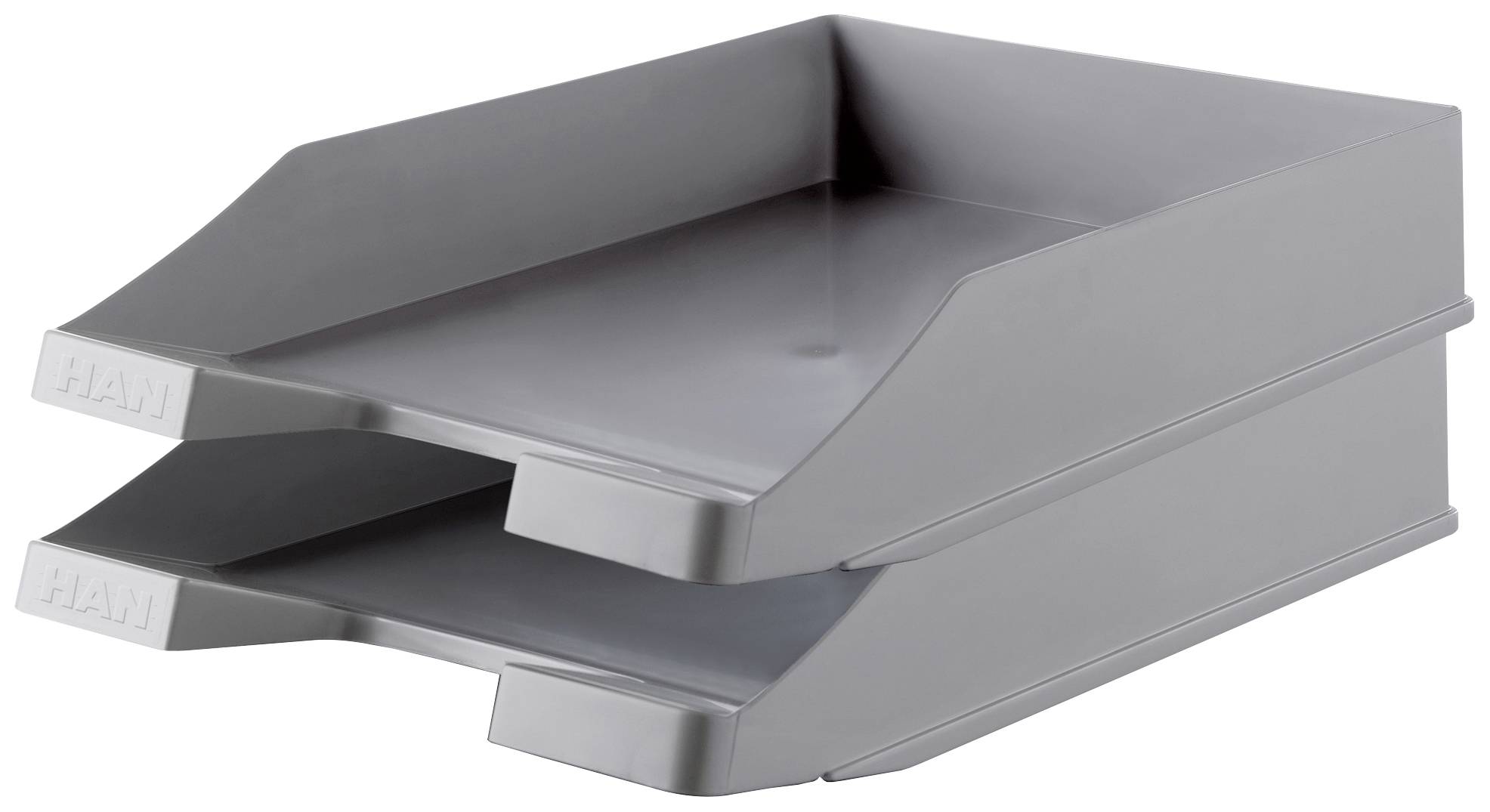 Twee gestapelde grijze documentenbakken van kunststof. Ideaal voor het organiseren van documenten op een bureau.