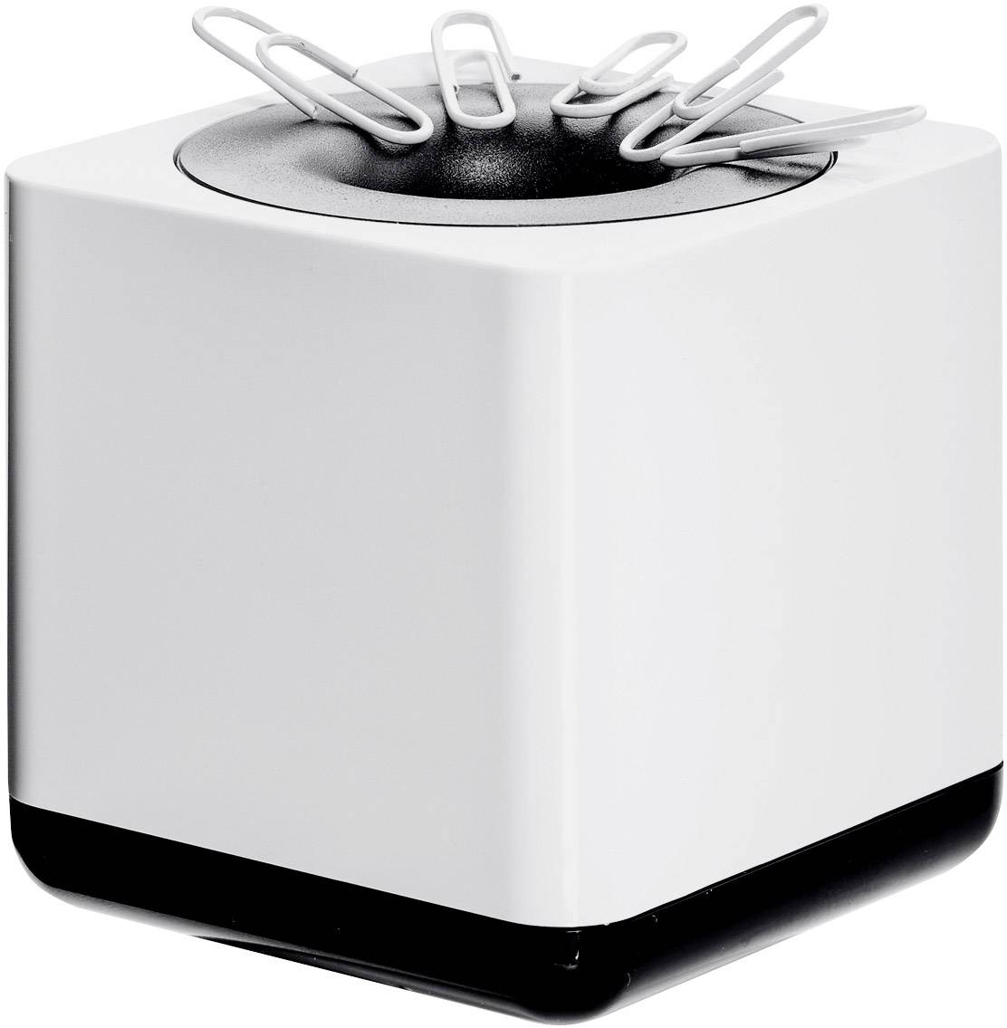 Witte vierkante doos met een zwart deksel waarop verschillende paperclips kleven.