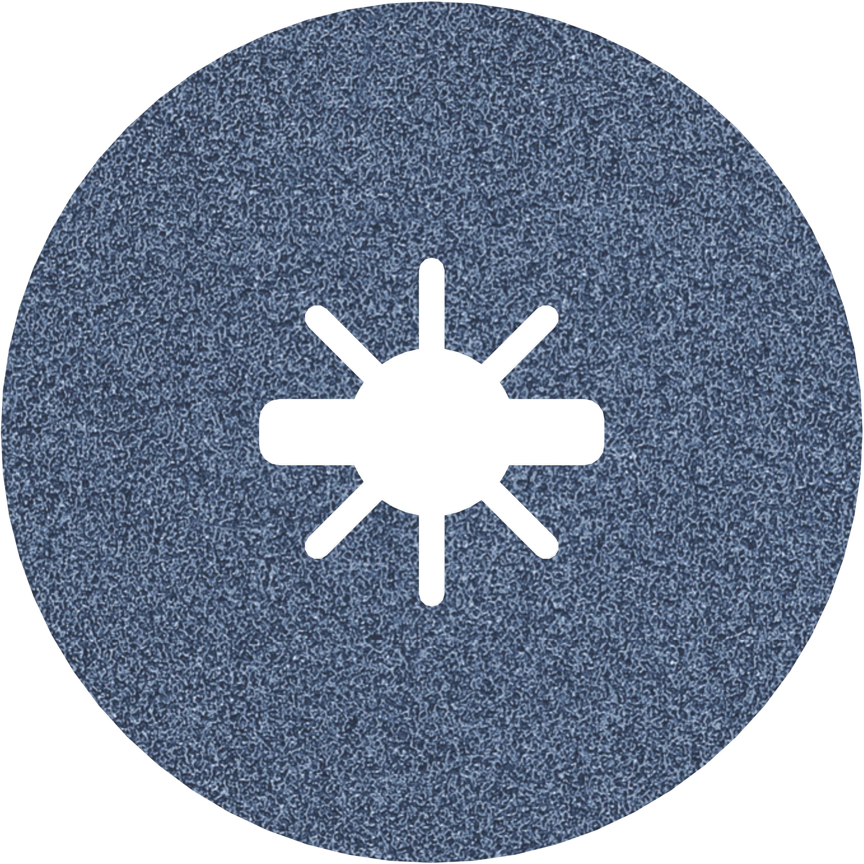 Een blauw, rond slijpwiel met een centraal, wit symbool in de vorm van een ster of tandwiel in het midden.