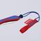Een vouwmes van het merk KNIPEX met een blauw-rode handgreep en een rood draaglint tegen een grijze achtergrond.