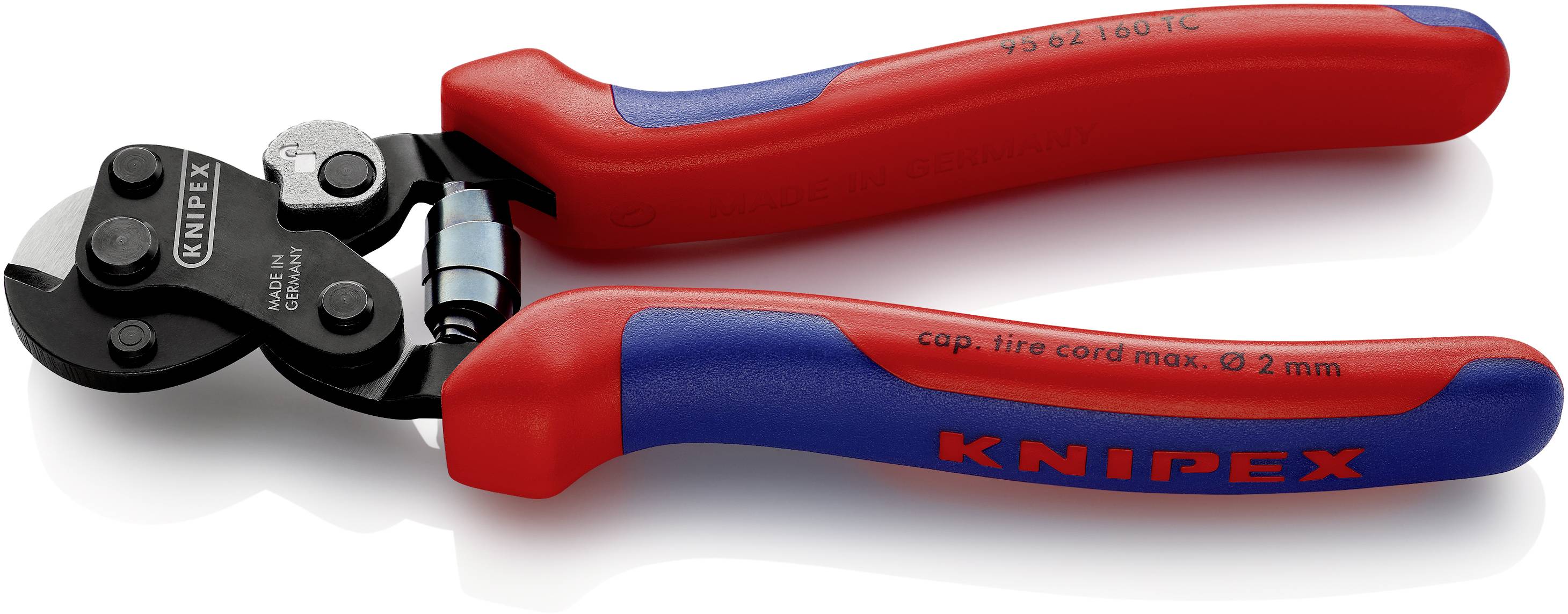 Afgebeeld is een kabelschaar van het merk 'Knipex' met rode handgrepen, geschikt voor het doorknippen van staalkabels tot 2 mm.