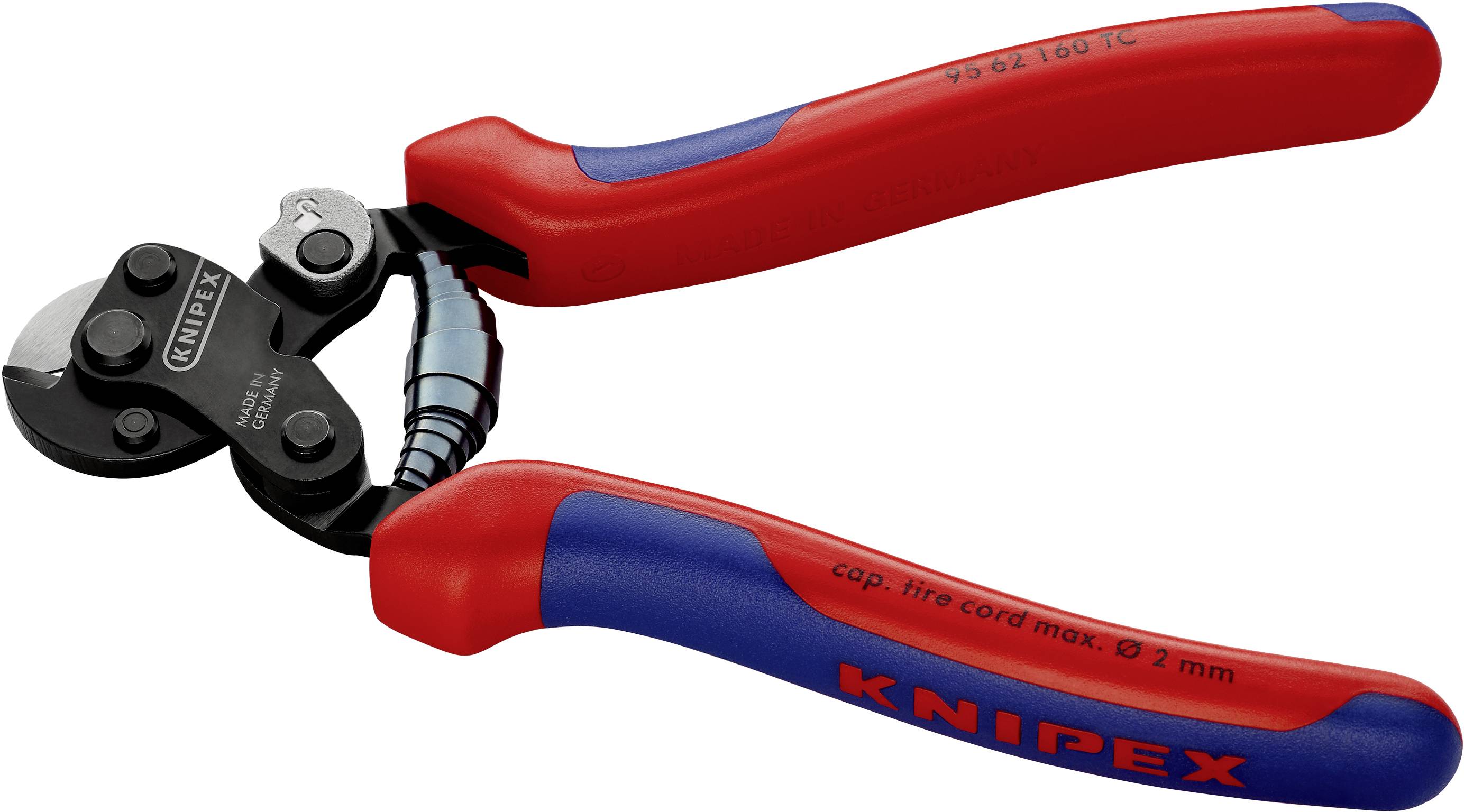 Een rode en blauwe Knipex kabelschaar met uitgeklapte snijrand, geschikt voor kabels tot 2 mm doorsnede.