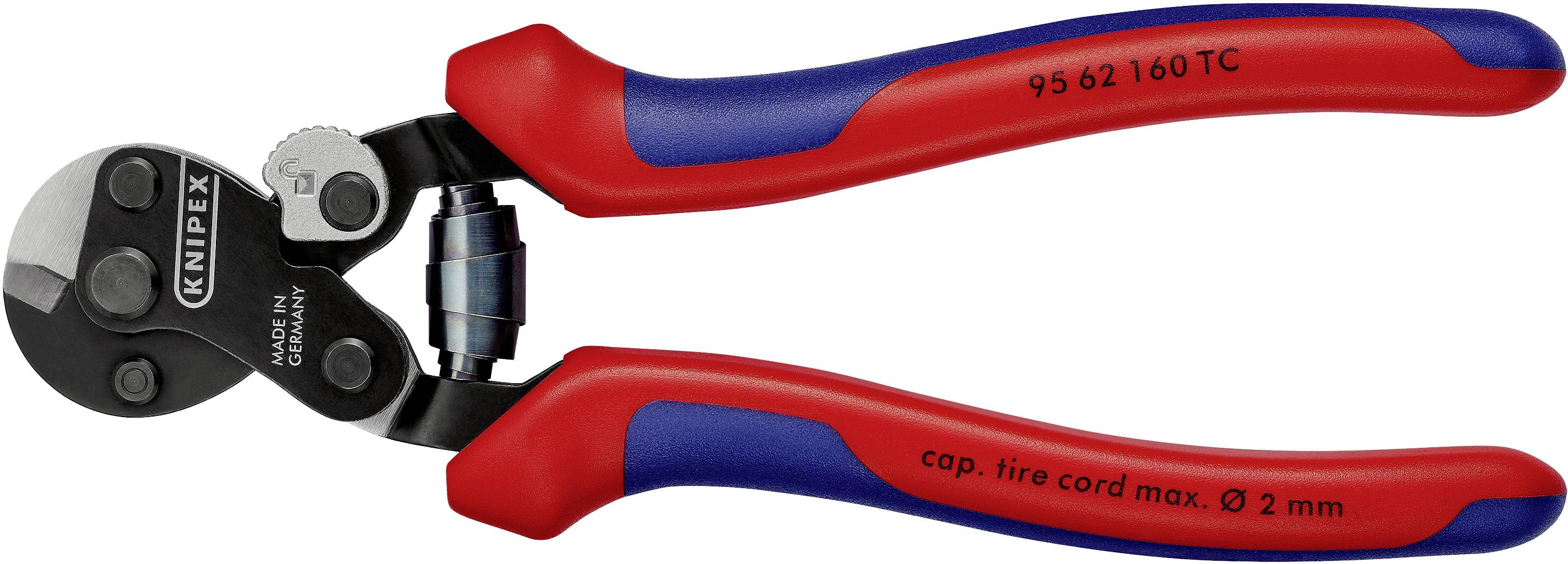 Rode en blauwe Knipex-schaar, geschikt voor het doorsnijden van kabels tot 2 mm diameter. Modelnummer zichtbaar op de handgreep.