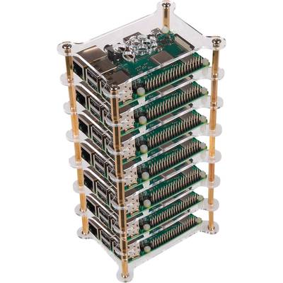 Een stapel van zes bovenop elkaar gestapelde, transparant omlijste mini-computers. Elke eenheid vertoont zichtbare schakelingen en aansluitingen.