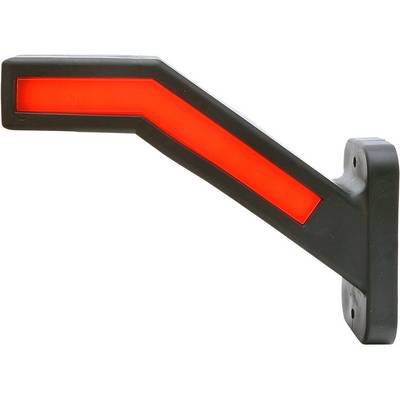 Rood, oplichtend verkeersbord in de vorm van een gebogen pijl naar beneden, gemonteerd aan een zwarte houder.