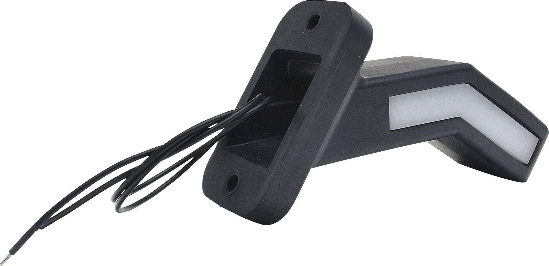 Zwarte LED-lamp met kabel, geschikt voor montage op voertuigen, voorzien van een witte lichtstrook voor zichtbaarheid of signalering.