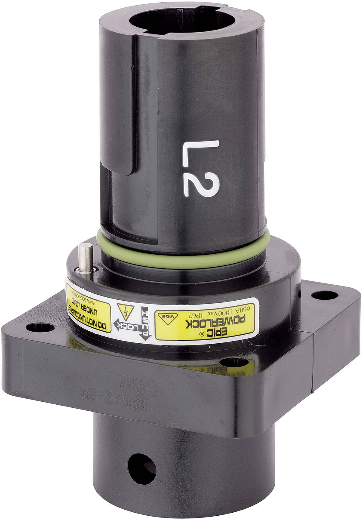 Een zwart mechanisch onderdeel met het opschrift 'L2', gemonteerd op een sokkel; waarschijnlijk deel van een groter systeem.