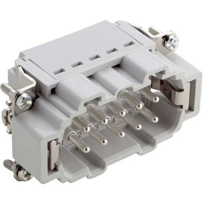 'Grijs-wit elektrisch stekkerhuis met meerdere zilveren stekkercontacten en schroeven aan de zijkanten voor bevestiging.'
