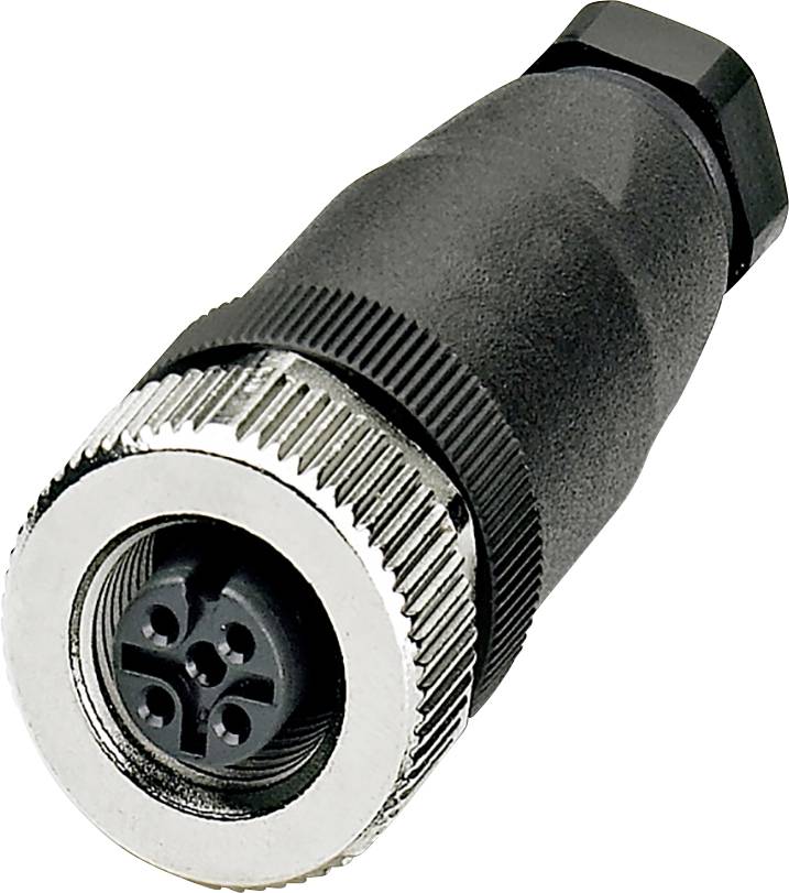 Een zwarte, cilindrische stekker met een zilveren rand toont vier gaten voor elektrische verbindingen.