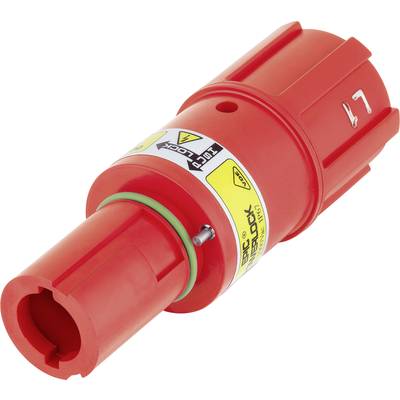Rood veiligheidslot met opschrift 'Zug-Lock', met gele en witte etikettering. Voorkomt onbedoeld openen van verbindingen.