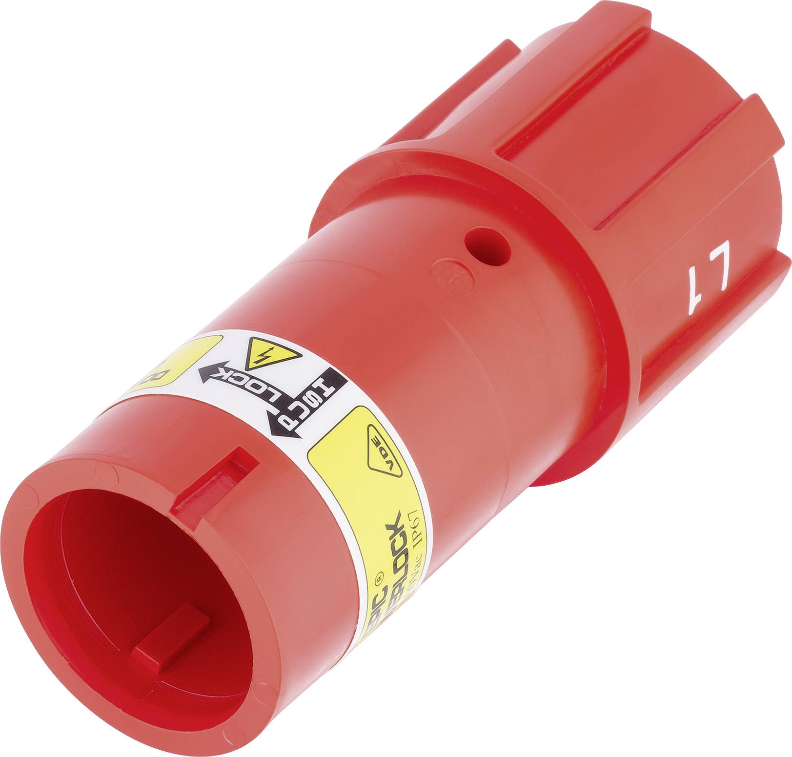 Een rood, cilindrisch veiligheidsslot met waarschuwingsetiketten en de tekst 'Lock' voor het vergrendelen van machines.