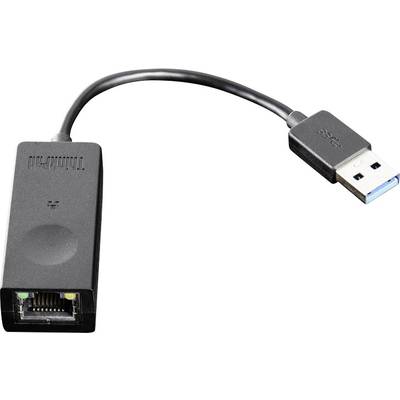 USB-naar-Ethernet-adapter met zwart kabel. Links een Ethernet-aansluiting, rechts een USB-stekker.