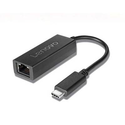 USB-C naar Ethernet-adapter van Lenovo. Zwarte behuizing met Ethernet-aansluiting aan de ene kant en USB-C-stekker aan de andere kant.