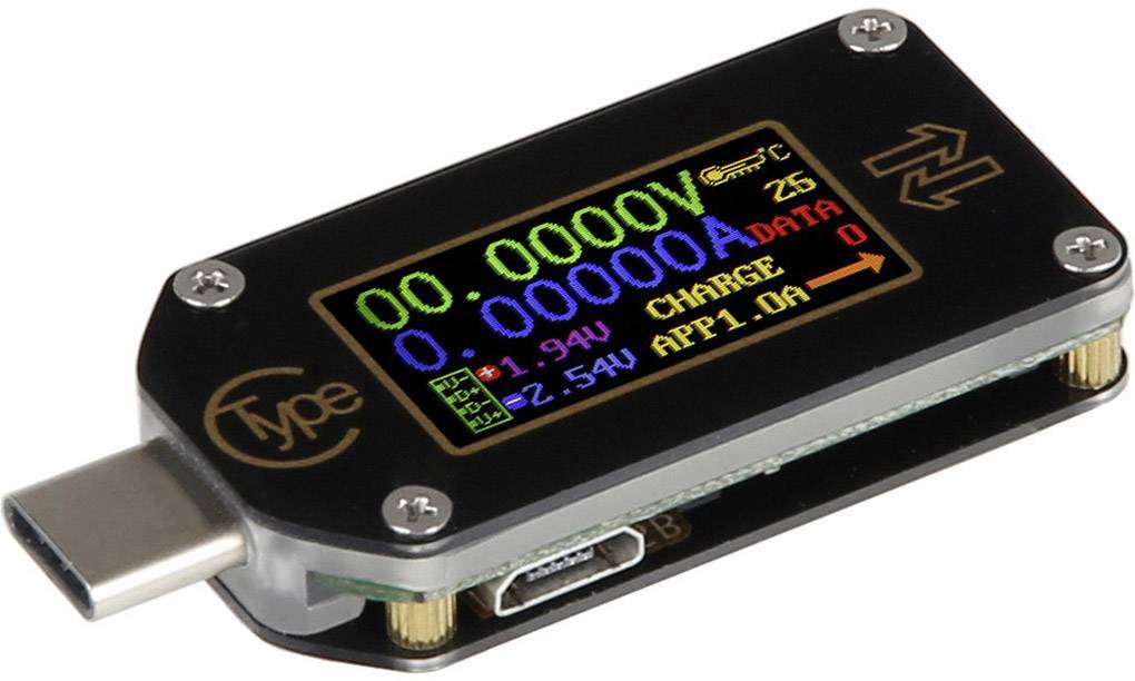 USB-tester met digitaal display toont spanning, stroomsterkte en vermogensinformatie. Aansluitingen en schroeven zichtbaar.