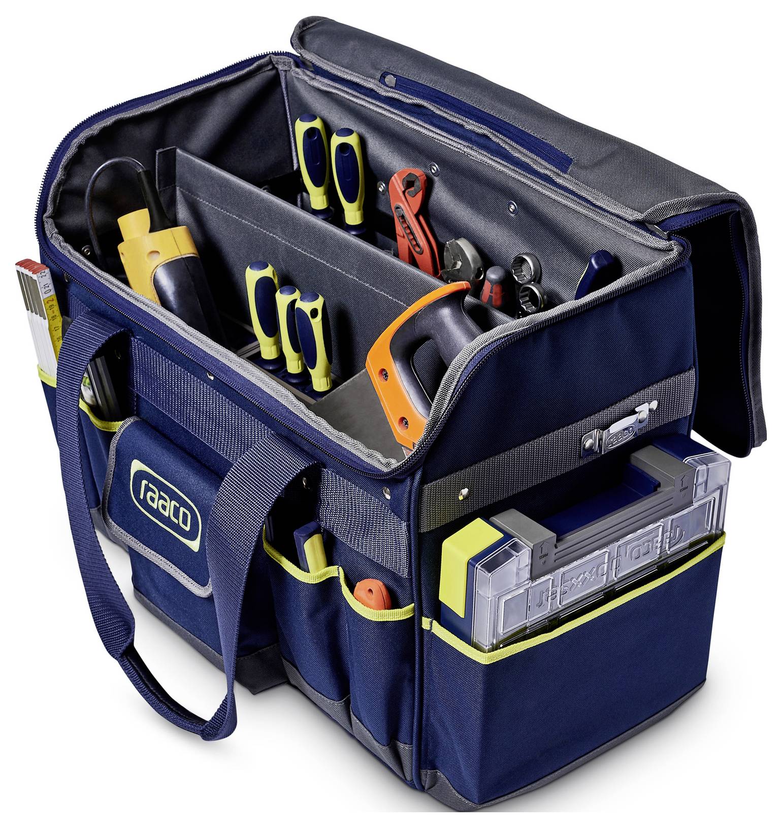 Een blauwe en zwarte gereedschapstas gevuld met verschillende gereedschappen, waaronder schroevendraaiers, tangen en een meetlint, waarbij georganiseerde compartimenten worden getoond.