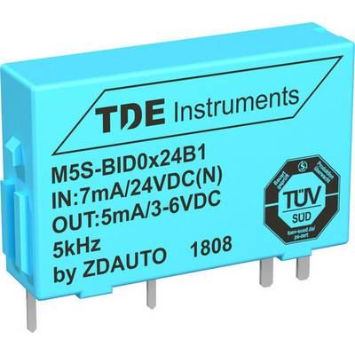 Een blauw relais van TDE Instruments met TÜV-certificering. Model M5S-BID0x24B1, 7mA/24VDC ingang, 5mA/3-6VDC uitgang, 5kHz.