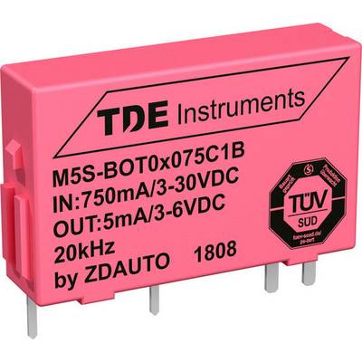 Rosaes Relais met zwarte opdruk 'TDE Instruments', specificaties: M5S-BOT0x075C1B, 750mA/3-30VDC, TÜV-gekeurd.