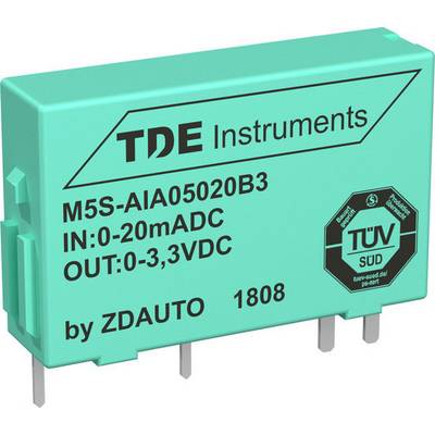 Groen elektrisch onderdeel van TDE Instruments met de aanduiding 'M5S-AIA05020B3', ingangsbereik '0-20mADC', uitgang '0-3,3VDC'. TÜV-zegel zichtbaar.