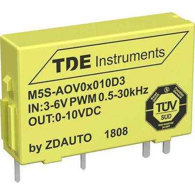Geel elektronisch onderdeel met opschrift 'TDE Instruments'. Technische specificaties en TÜV-certificaatsstempel op het oppervlak.