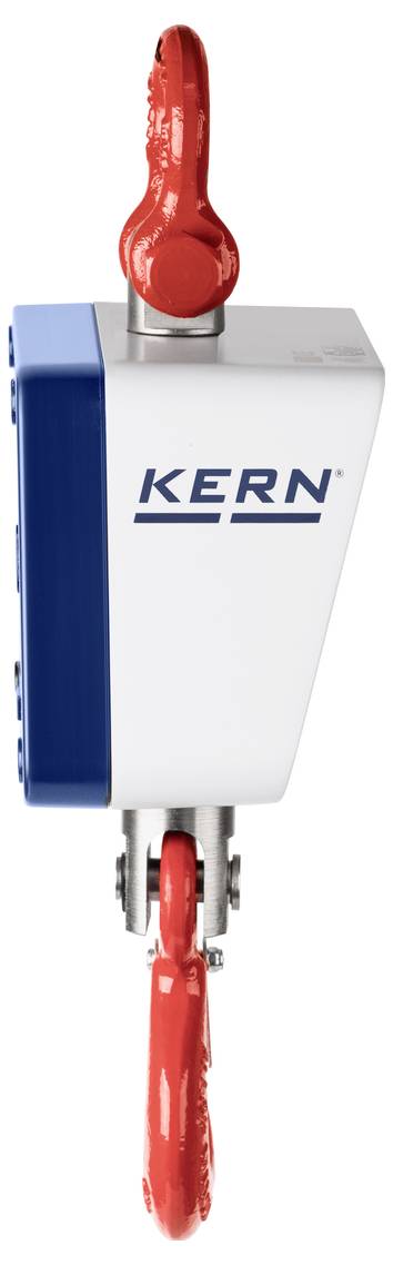 Kraanweegschaal van KERN met een blauwe en witte behuizing, rode haak bovenaan en onderaan.