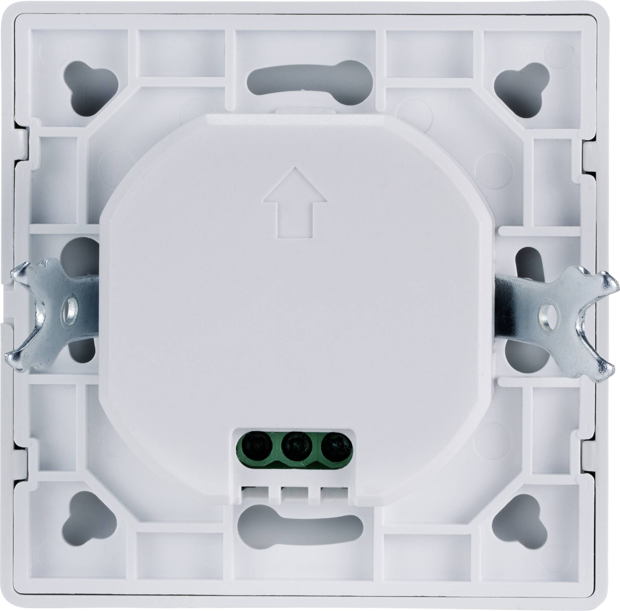 Achteraanzicht van een witte inbouw-lichtschakelaar met schroefklemmen en een pijl naar boven, in een vierkant frame.