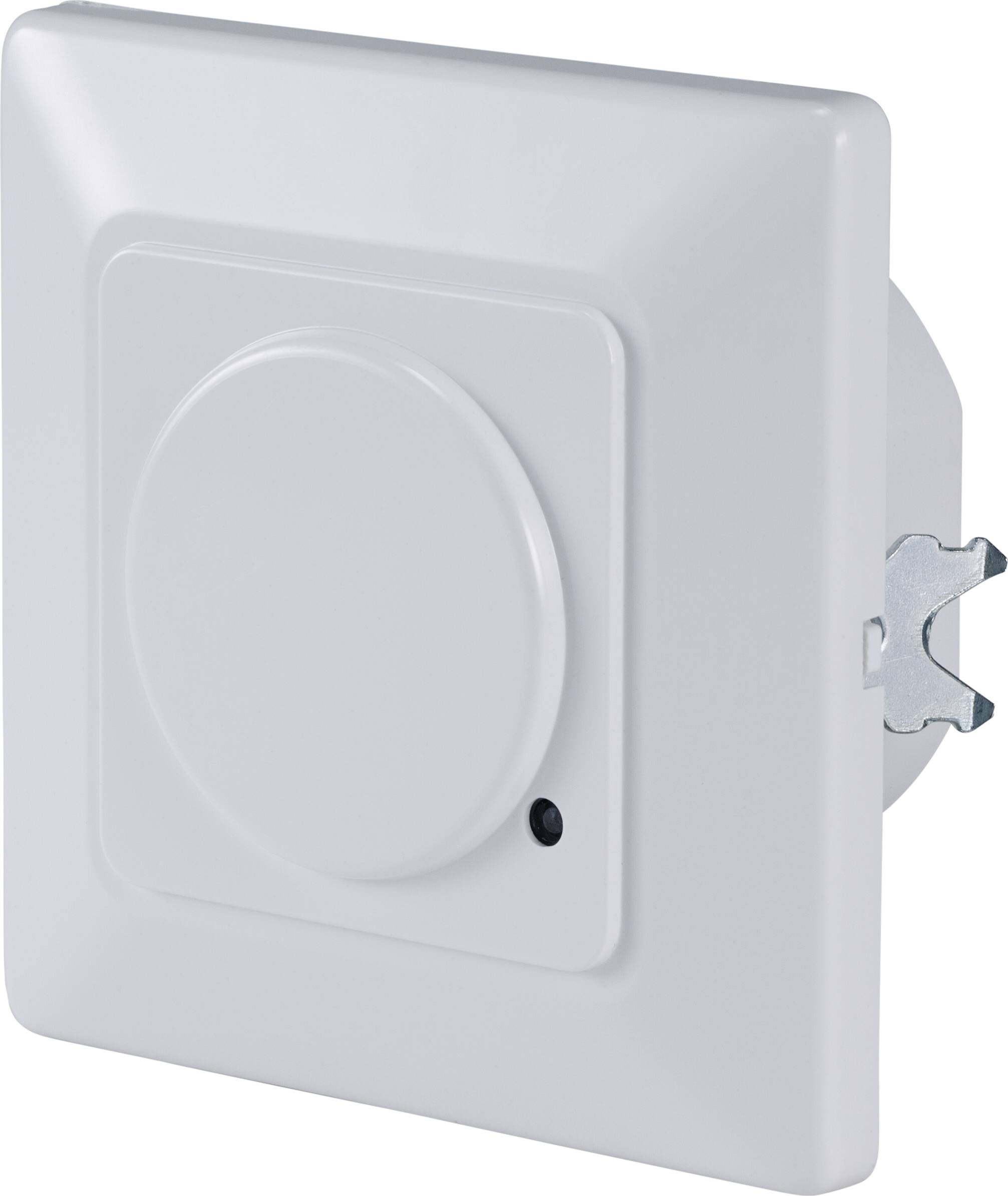 Een witte lichtdimmer voor wandmontage met een grote, ronde draaiknop in het midden en een klein zwart puntje eronder.