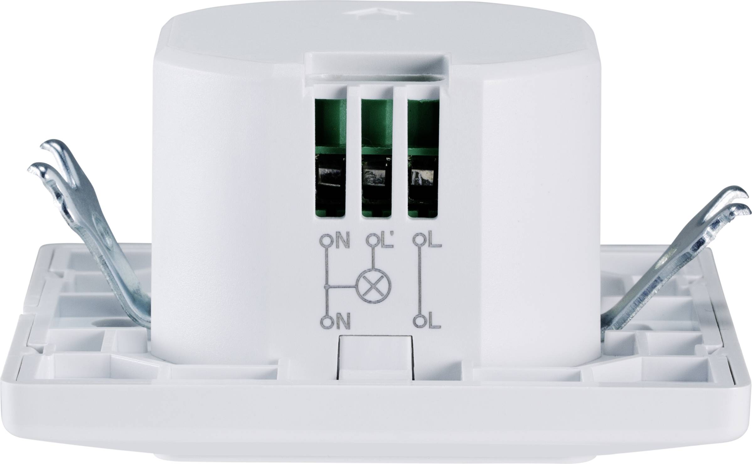 Een witte, elektrische stekkerverbinding met meerdere aansluitingen en markeringen voor 'ON' en 'OL', wandmonteerbaar.