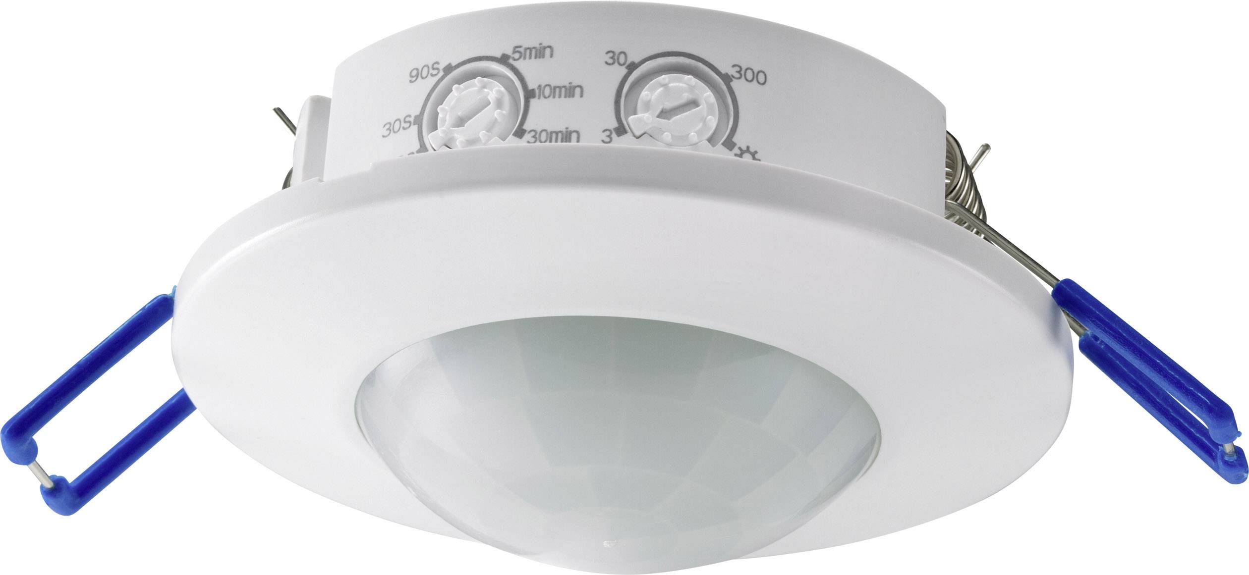Witte, ronde plafondlamp met twee blauwe bevestigingsklemmen en twee instelknoppen voor tijd en gevoeligheid.