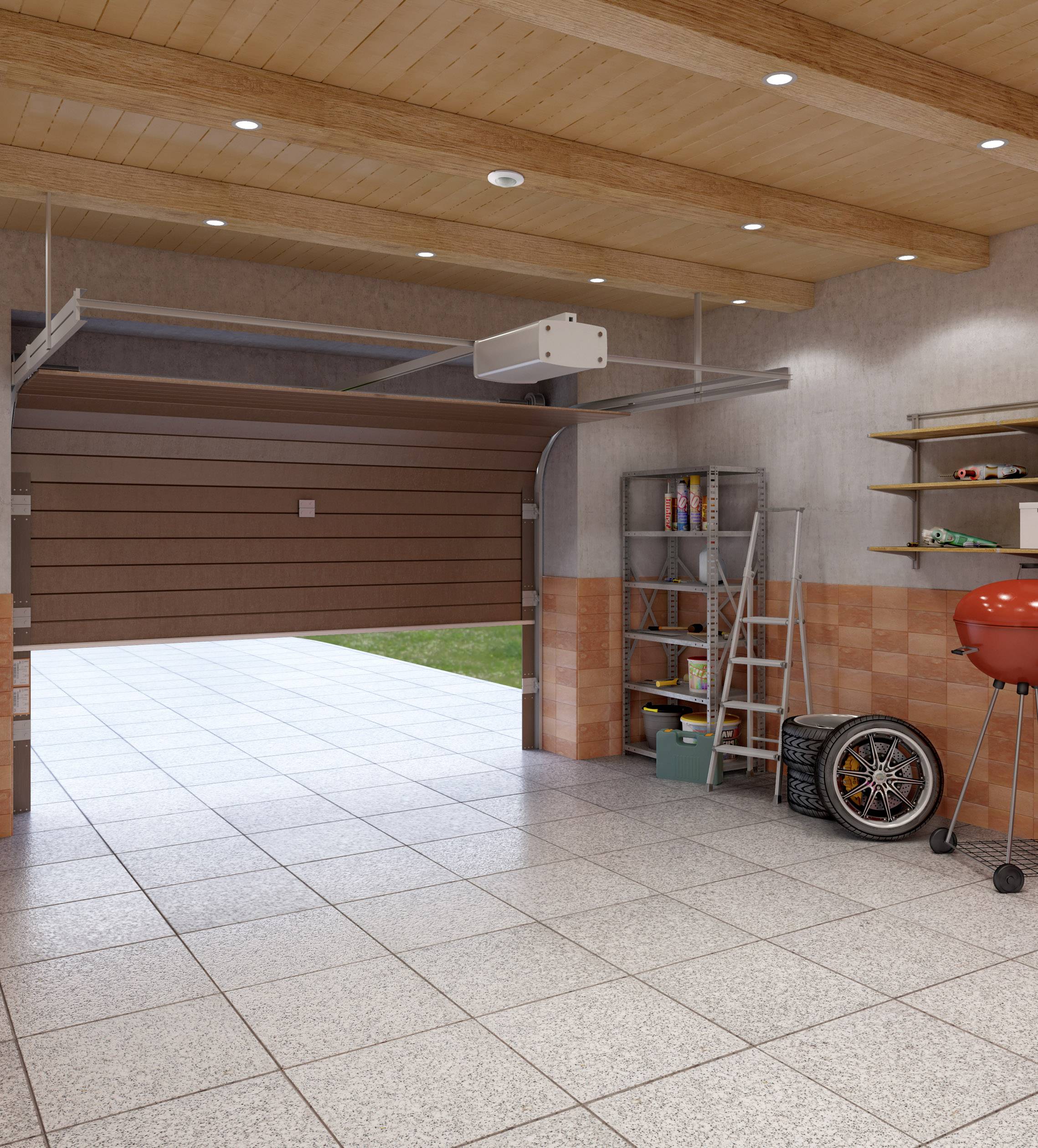 Een open garage met een betegelde vloer, planken met gereedschappen en autobanden, een barbecue en een ladder.