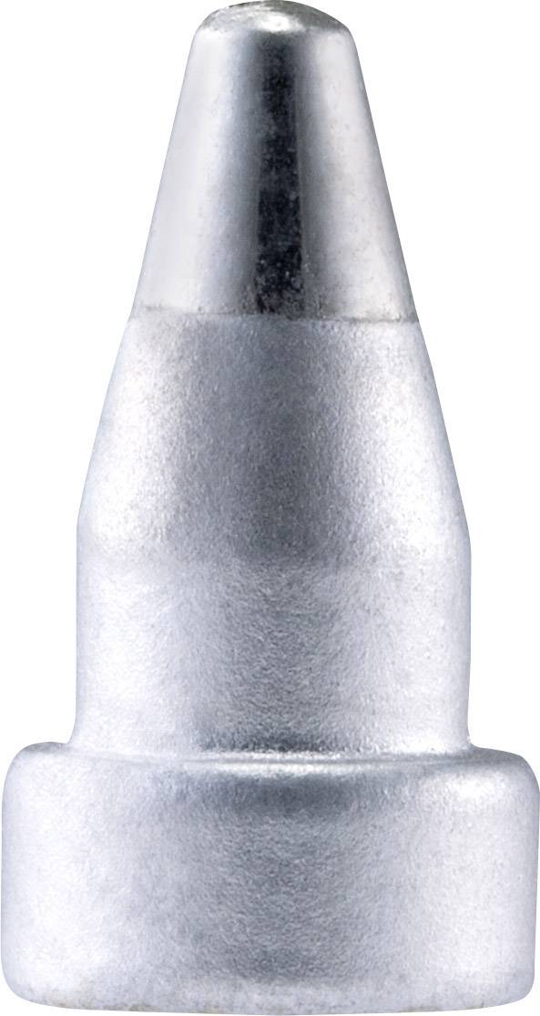 Een zilvergrijze metalen soldeerpunt, kegelvormig, met een afgeronde punt. Gebruikt voor precisie soldeerwerk.