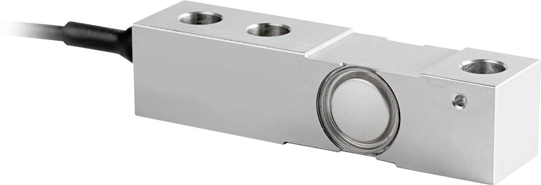 Een rechthoekige, metalen laadsensor met drie gaten bovenaan en een rond sensor in het midden. Voorzien van een aansluitkabel.
