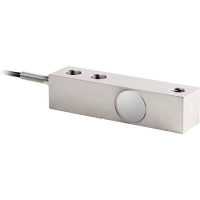 Metaalsensor met rechthoekige behuizing, kabelaansluiting aan de linkerkant. Geschikt voor het meten van druk of gewicht.