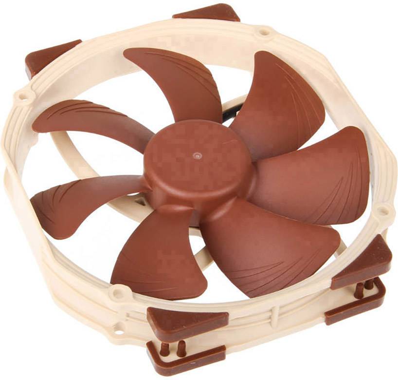 Een bruine computerventilator met meerdere schoepen in een beige frame. De ventilator wordt gebruikt voor de koeling van elektronische componenten.